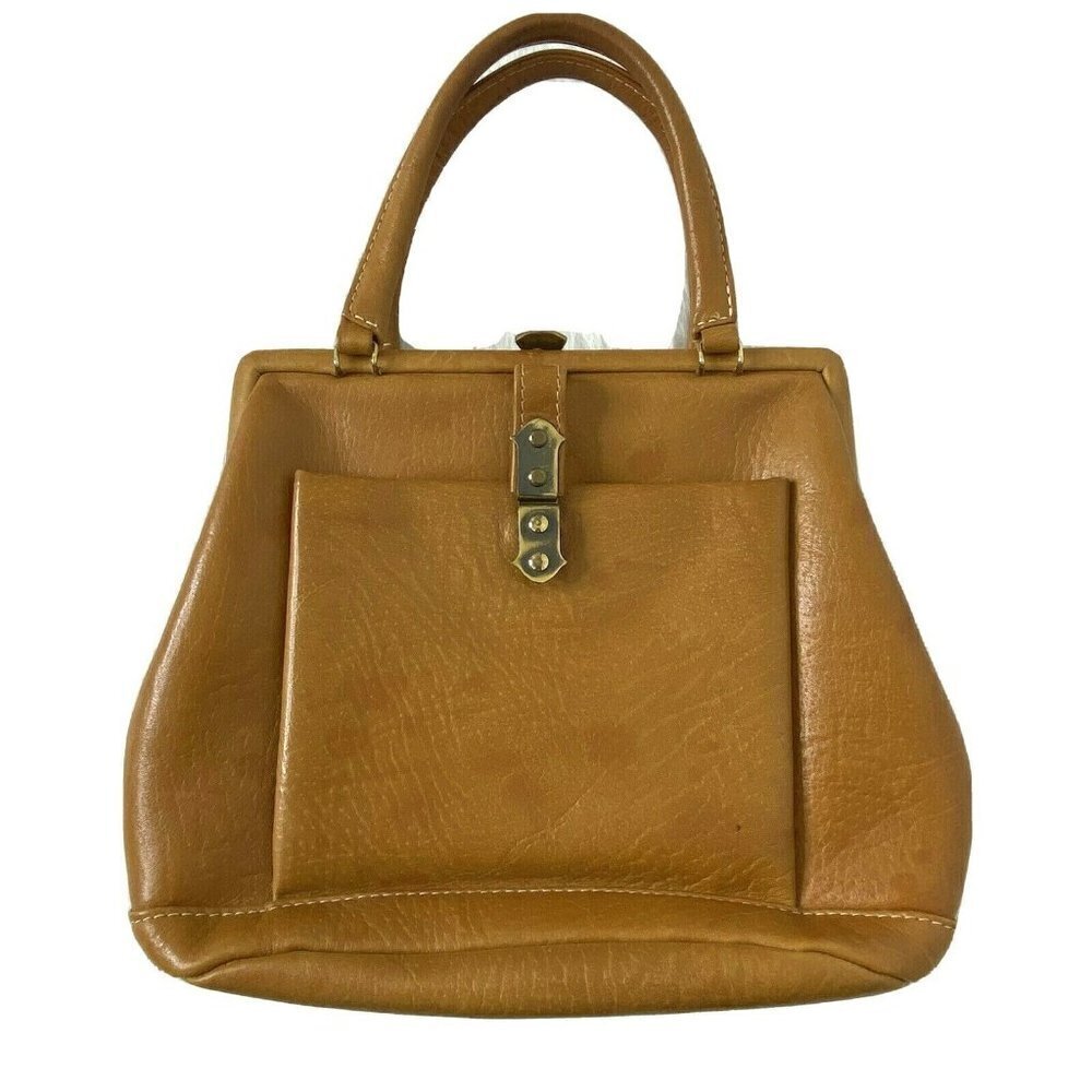 Vintage Lady F Handbag Satchel Purse Hinged Camel Colored Leather